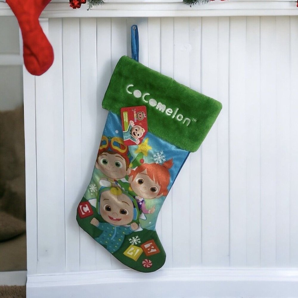 Cocomelon Velour JJ, TomTom, And YoYo Decoration Christmas Stocking Green 20”